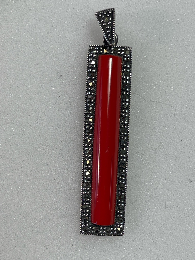 Vintage Red Coral And Marcasite 2” Pendant - Stamped 925